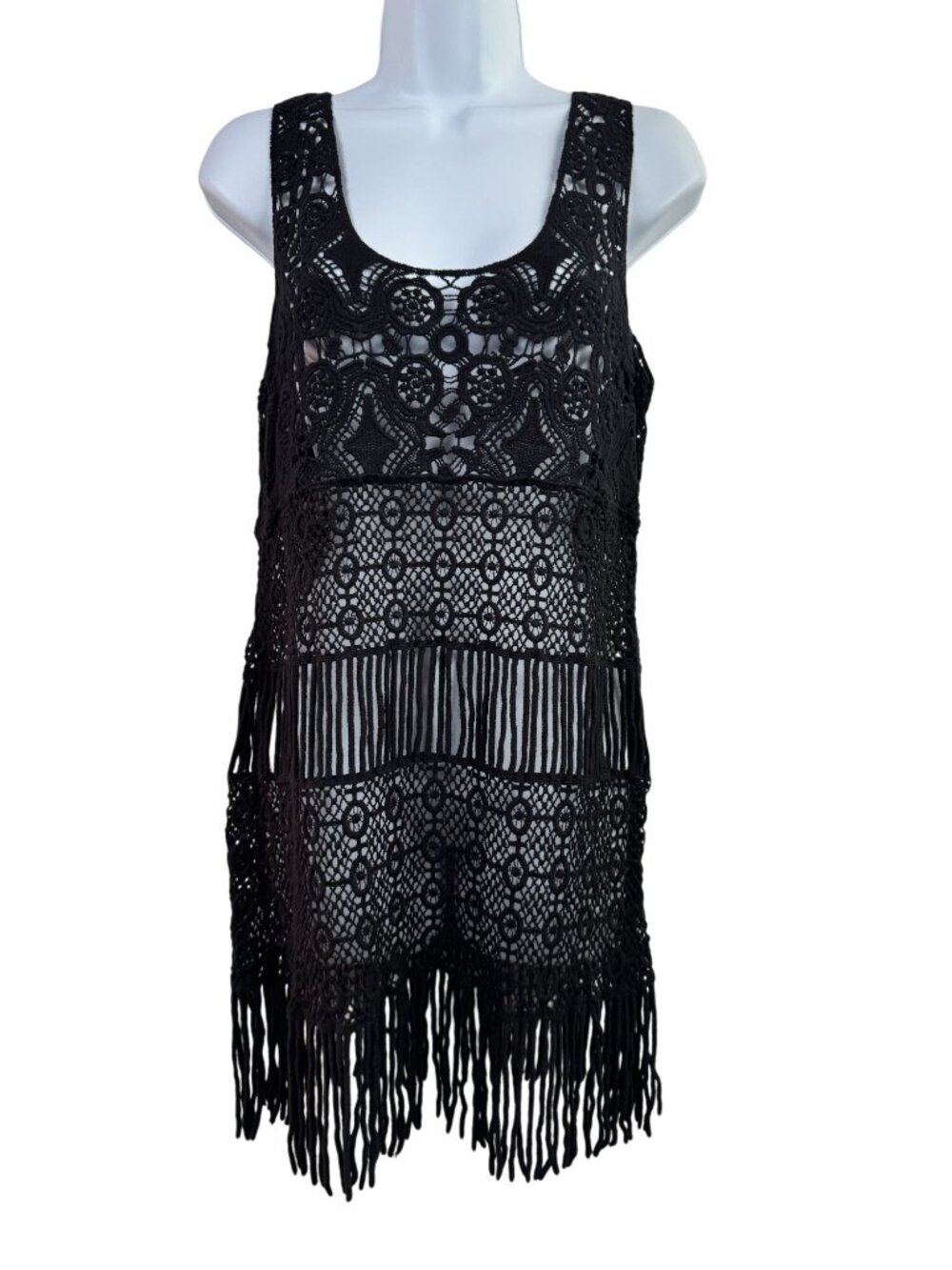 Black Crochet Fringe Mini Dress Michael Farrell Medium Cover up Ramie Cotton